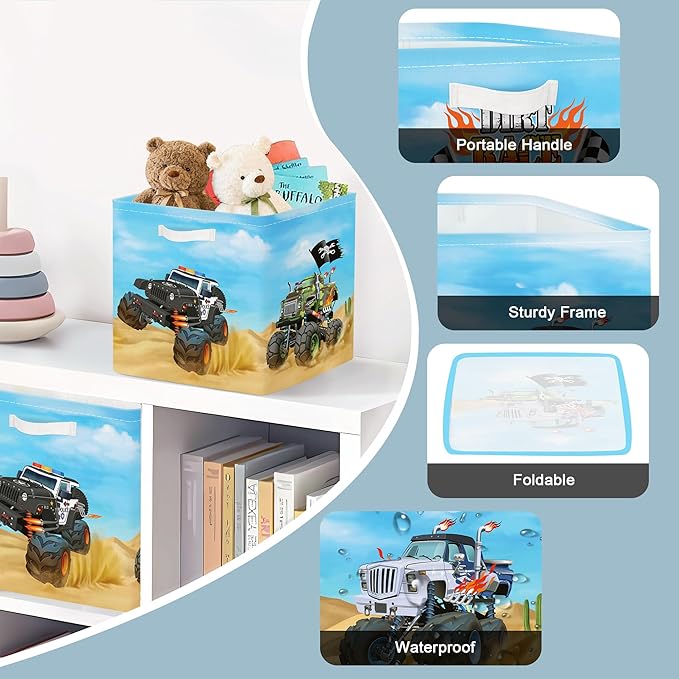 Clastyle Cars Kid Storage Cube Organizer Set Closet Clothes Cube Storage Bin Nursery Toddler Toy Box Chest Girl Boy Book Shelf Basket,Monster Truck,11.8x11.8x11.8 in
