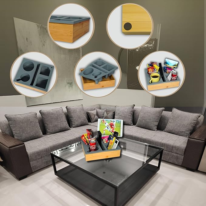 Couch Cup Holder Tray, Versatile Silicone Bamboo Caddy With Adjustable Phone Holder for Bed, Car Seat Organizer and Sofa Waterproof Anti-spill Cup Holder for Snack,Remotes and Drinks (Grey)
