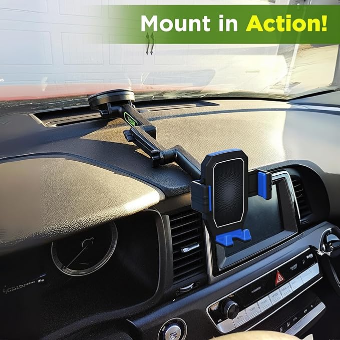 Cell Phone Mount for Truck Phone Holder for Truck Drivers - Heavy Duty Suction Cup + Dashboard Pad, iPhone Holder for Dashboard Window 16.9 inch Long, for iPhone & Samsung, Big Rig Trucker, Blue