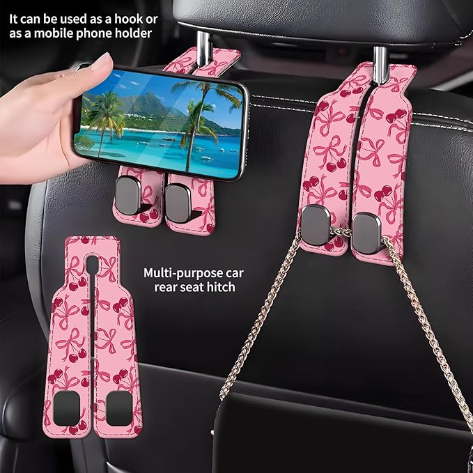 Car Seat Back Storage Headrest Hook, Premium Leather Double Metal Hook, Hanger Storage Organizer for Purse Cloth Bag, Car Interior Accessories Pink Bow Cherry