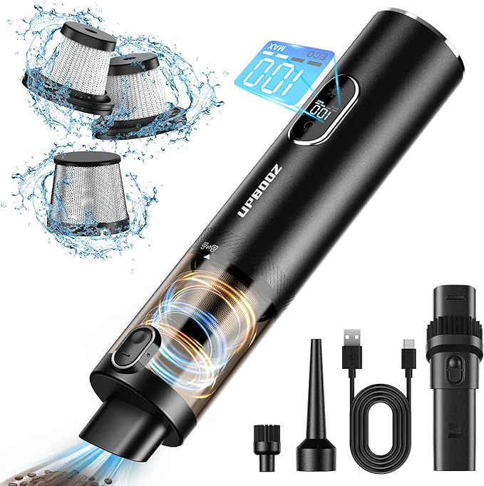 Upbooz Handheld Vacuum Cordless, Car Vacuum with 14000PA Powerful Suction with LED Light, Air Duster 2-in-1,Low Noise Rechargeable Portable Mini Vacuum Cleaner for Car Home Pet Office,Two Gears