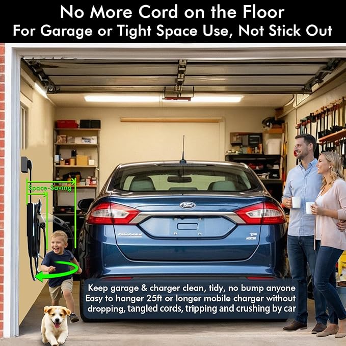 EV Charger Holder, Swivel Electric Car Charger Wall Mount, Garage or Tight Space Use, Not Stick Out, Keep 25ft Cord Off Floor, J1772 Charging Cable Organizer Hanger