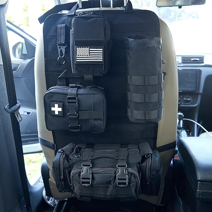 BXBXHD Universal Tactical Car Seat Back Organizer Bag Tactical Molle Vehicle Organizers Panel Vehicle Protector Organizers with 4 Detachable Pouches for Car Truck Ford Jeep Vehicle (Black)