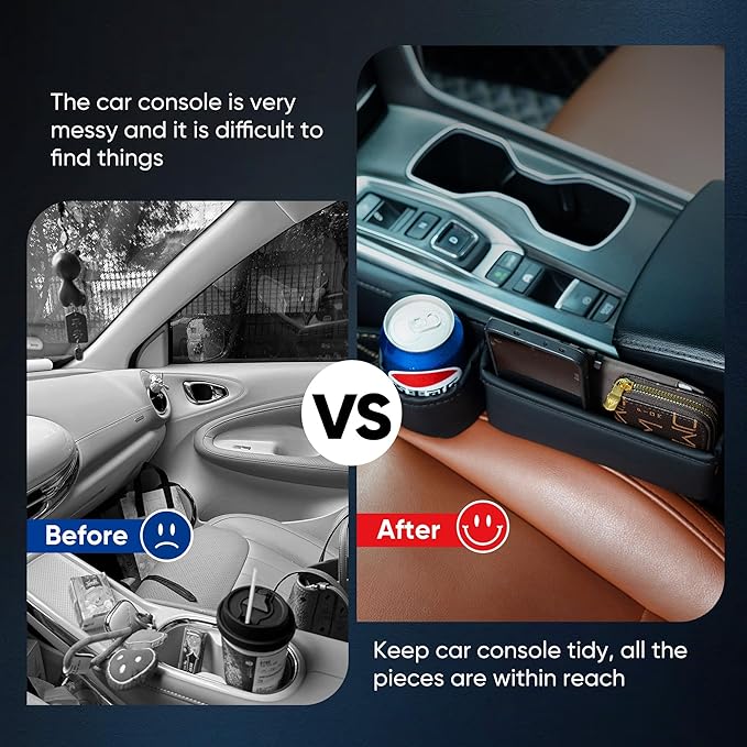 Universal Car Seat Gap Filler Organizer, Premium Leather Car Seat Organizer, Seat Gap Storage Box with Cup Holder for Drink, Front Seat Gap Bag for Phone, Sunglasses,Keys, 2 Packs (Left+Right)