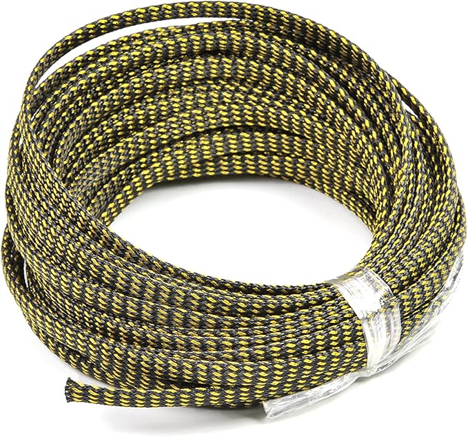 Aicosineg 32.81ft PET Flexible Braided Cable Sleeve 0.25inch Width Wire Loom Sleeving and Organizer Flexible Wire Mesh Sleeve Wrap Protector for TV Audio PC Cords from Pets Chewing Black and Gold