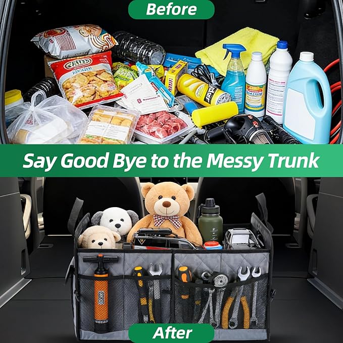 Car Trunk Organizer, 75L Large Capacity Waterproof Auto Storage with Non-Slip Bottom Strips, Collapsible Cargo Organizer for Suv, Truck, Sedan, Portable Car Accessories for Women Men(Grey)