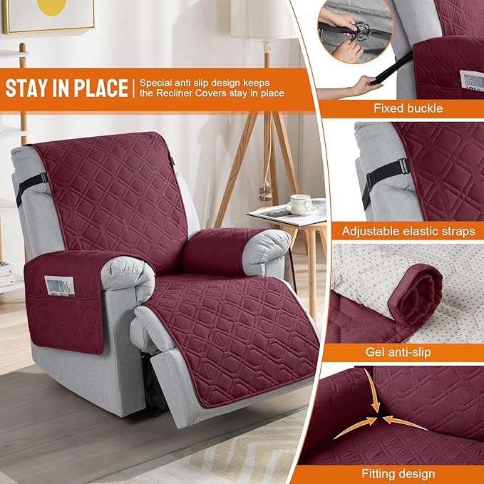 VANSOFY 100% Waterproof Recliner Chair Covers, Recliner Cover Non-Slip Dog Chair Cover Furniture Protector Washable Slipcover with Pocket, Elastic Straps for Pets, Dogs(Burgundy, 30")