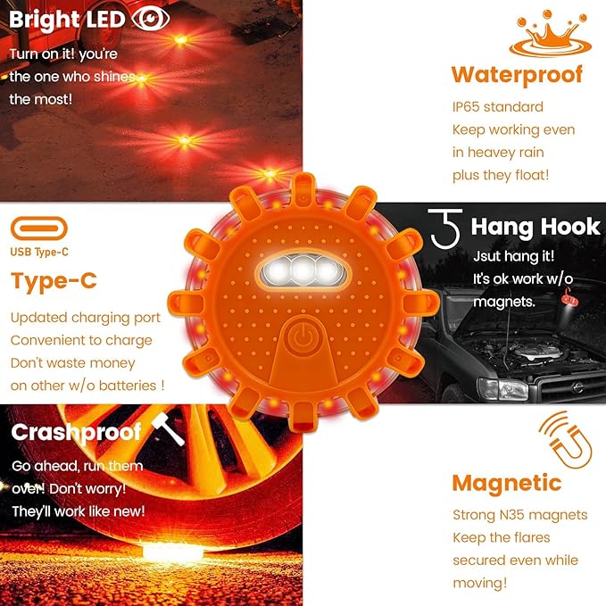 Ecoangel USB-C Rechargeable LED Road Flares Emergency Lights-Large Capacity (Lithium Battery) 3 in 1 Cable Roadside Warning Car Safety Beacon Flashing Disc Flare Kit with Magnetic Base for Vehicles