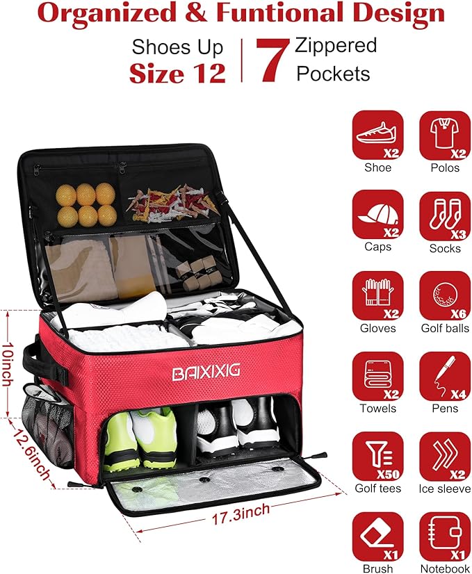 Golf Trunk Organizer, Waterproof Car Golf Locker with Separate Ventilated Compartment for 2 Pair Shoes, Golf Storage for Balls, Tees, Cap, Clothes, Gloves, Accessories, Gifts for Men, Women
