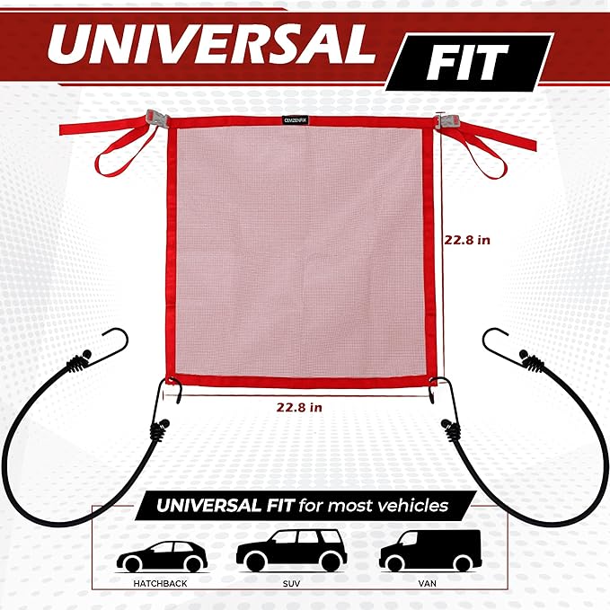 Universal Dog Car Net Barrier – Sturdy Mesh, Easy Install, Breathable Design, Easy to Clean, Flexible Bungee Cords for Adjustable Fit 23"×23" (Red)