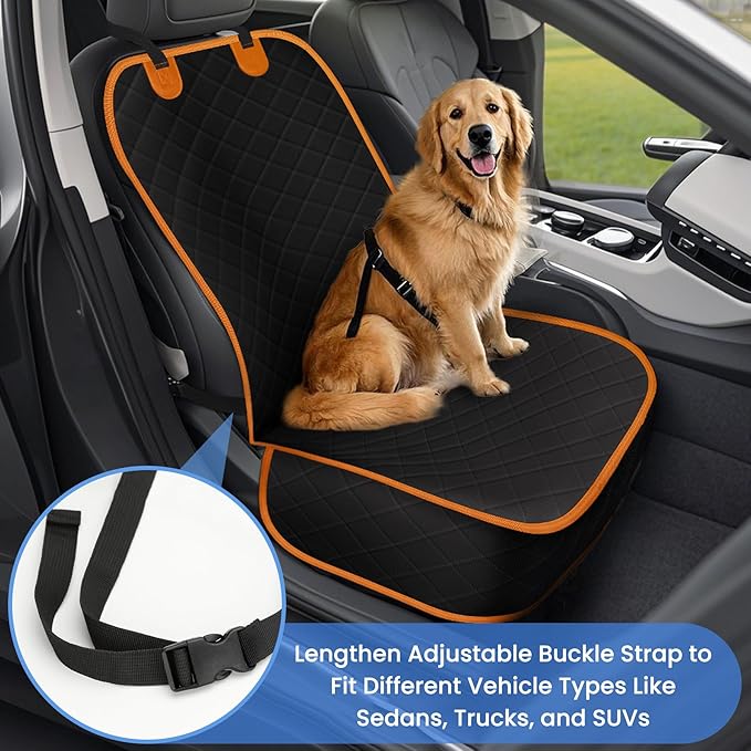 ELONGRIVER Dog Car Seat Covers, Waterproof Front Seat Cover for Dogs, Scratch-Proof, Nonslip Pet Passenger Seat Cover Protector, Universal Fit for Cars Trucks SUVs, Large Size, Black with Orange