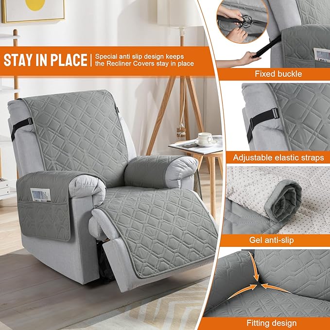 VANSOFY 100% Waterproof Recliner Chair Covers, Recliner Cover Non-Slip Dog Chair Cover Furniture Protector Washable Slipcover with Pocket, Elastic Straps for Pets, Dogs(Gray, 25")