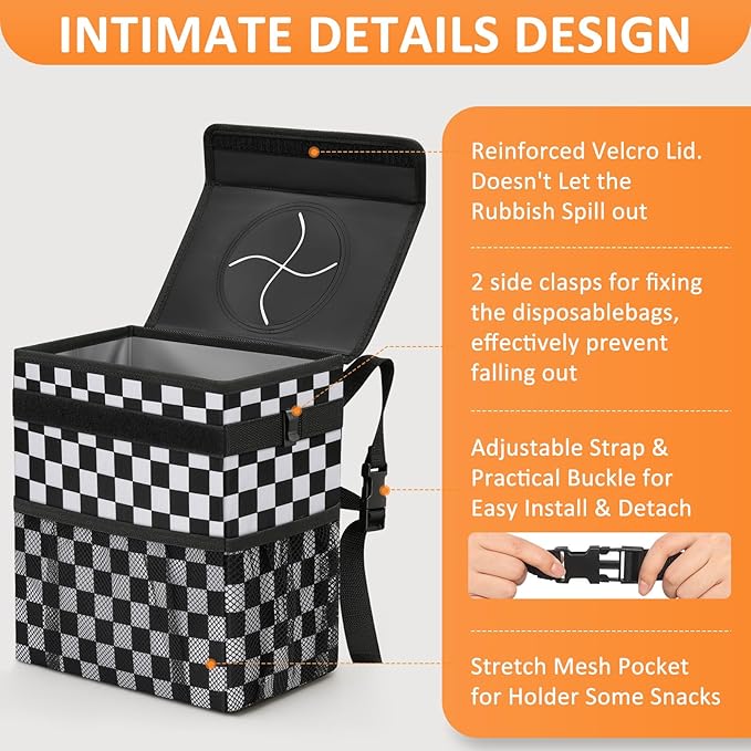 Vankor Car Trash Can Bin with Lid Hanging for Back Seat, Car Accessories for Women Men Leak Proof Automotive Garbage Cans Leakproof Vehicle Trash Can for Truck SUV,Black White Checkered