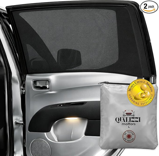 L/Car Window Shades for Baby (2 Pack) for Side Windows, Breathable Full-Coverage Mesh, Privacy, Sun & Heat Protection, Bug Screen, Car Camping, 97% UV Real Protection Tested – Qualizzi®