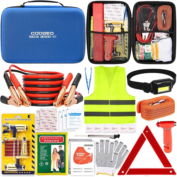 COOGEO 15PC Car Emergency Kit with Jumper Cables, Roadside Assistance Safety Kit for Auto & Truck, Includes Safety Hammers, Tow Strap, Warning Triangle, First Aid, Gifts for Young Men or Women, Blue