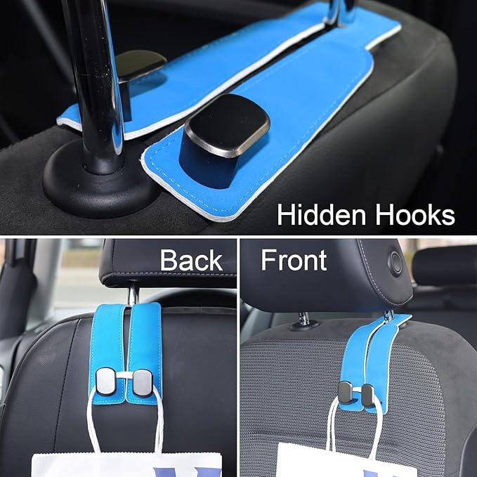 Purse and Bag Hook for Car, Zinc Alloy Seat Headrest Hooks, Upgraded Leather Car Seat Back Purses Hanger and Bags Holder (Blue, 2Pack)