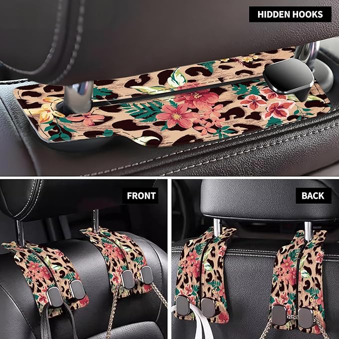 Car Seat Back Storage Headrest Hook, Premium Leather Double Metal Hook, Hanger Storage Organizer for Purse Cloth Bag, Car Interior Accessories Cute Flower Leopard