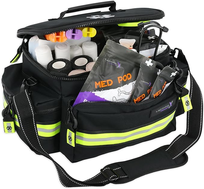 Lightning X Products Lightning X Mid-Sized First Responder EMT Bag | LXMB25 Fully Stocked w/ 240+ Aid, EMS & Trauma Supplies - Black