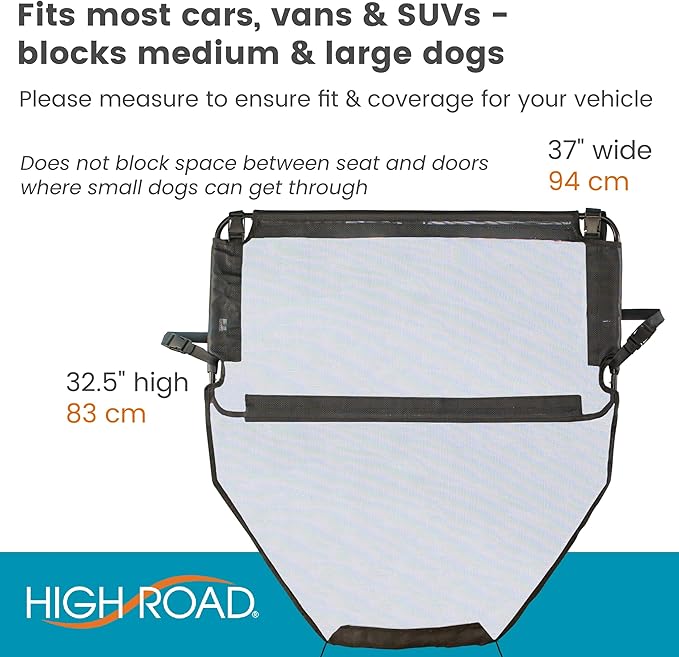 High Road Back Seat Barrier for Dogs - Car Divider for Dogs for Behind Front Seat - Padded Steel Frame with Heavy Duty Coated Dog Net Barrier for Car, Truck or SUV