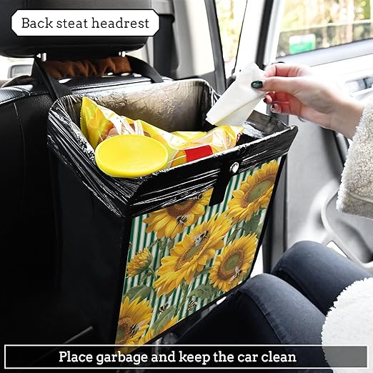 Car Trash Can Organizer Bin with Adjustable Strap for Back Front Seat Console Waterproof Leakproof Collapsible Portable 11 Inch Green Striped Sunflowers and Honey Bees