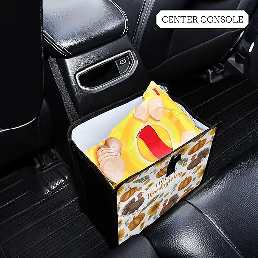 Car Trash Can Organizer Bin with Adjustable Strap for Back Front Seat Console Waterproof Leakproof Collapsible Portable 8.66 Inch Thanksgiving Turkeys Sunflowers White