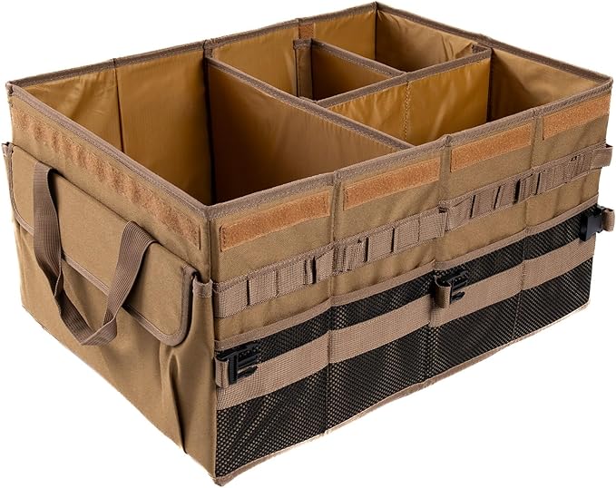 Trunk Organizer Wiith Lid For SUV Truck, Car Trunk Organizer, Truck Bed Organizer, Large, Brown, 4-Compartments With Handle