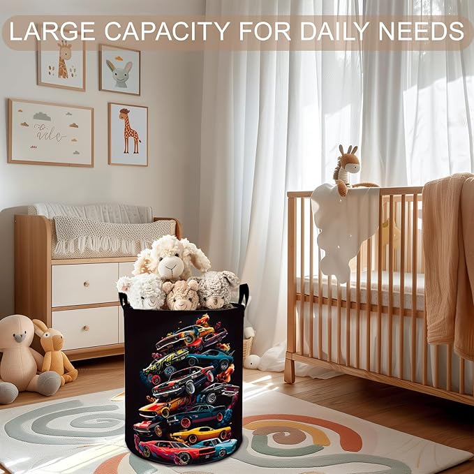 Muscle Car Laundry Basket Hamper 19.7"x15.8", Racing Foldable Waterproof Oxford Clothes Storage Bucket for Room Bathroom Bedroom Nursery Decor, Toy Organizer Bins Gifts for Kids Boys Girls