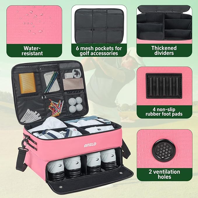 ANILD Golf Trunk Organizer, 2 Layer Golf Storage Case with Separate Ventilated Compartment for 2 Pair Shoes, for Balls, Tees, Clothes, Gloves, Accessories, Golfer Gifts