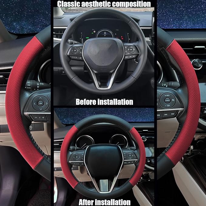 Steering Wheel Cover Standard Size 14.5-15 inch, Non-Slip Car Wheel Cover Protector, Breathable Microfiber Leather, Black and Red