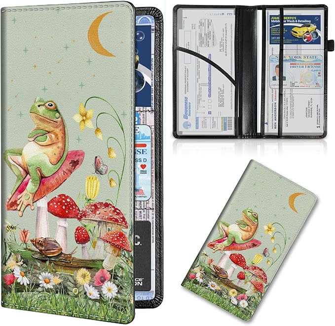 Car Registration and Insurance Card Holder, Premium PU Leather Vehicle Wallet Cover for Glove Box Car Organizer Drivers License / Cards / ID Essentials Document Holder, Aesthetic Mushroom Frog Green