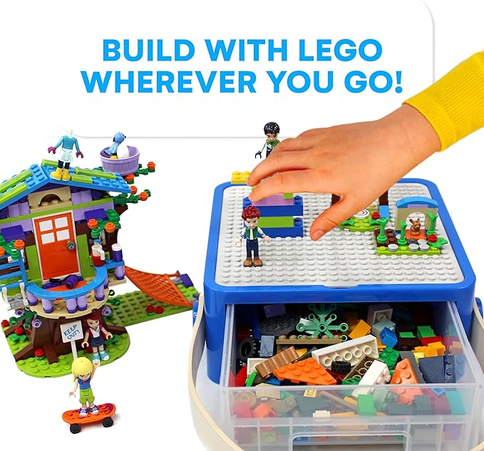 Bins & Things Storage Bin Organizer Box - Toy Storage Case for Building Blocks, Small Dolls and Accessories - Kids Toy Suitcase with Baseplate Lid - Mess-Free Organizer for Travel and Playroom