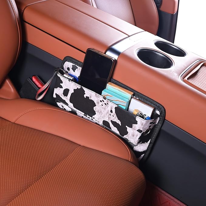 Universal Fit Car Seat Gap Filler Organizer Front Seat Set Divider Crevice Pockets Storage Box Auto Interior,Prevent from Falling Through Gaps,Holds Glasses Phone Key (1, Cow Pattern)