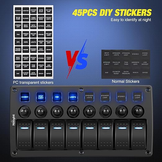 Nilight 8 Gang Rocker Switch Panel Waterproof Pre-Wired Marine with Resettable Circuit Breaker LED Backlight 5A 10A 15A Breakers 12V 24V ON Off 3 PIN Toggle Switches for Car Truck Boat RV