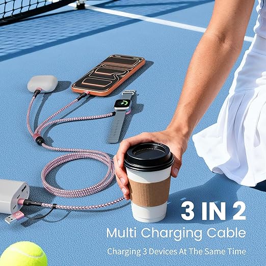 Cruise Travel Essentials, 2Pack 3 in 2 USB A/C Cable to iPhone 17 Charger/iWatch Charger/IP, Multi Charging Cable, Multi Charger Cable for iWatch Series & iPhone 17-11/iPad-5FT Black/Pink Braided