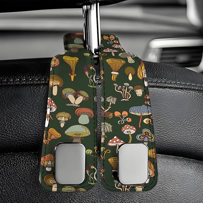 Car Seat Back Storage Headrest Hook, Premium Leather Double Metal Hook, Hanger Storage Organizer for Purse Cloth Bag, Car Interior Accessories Brown Mushrooms