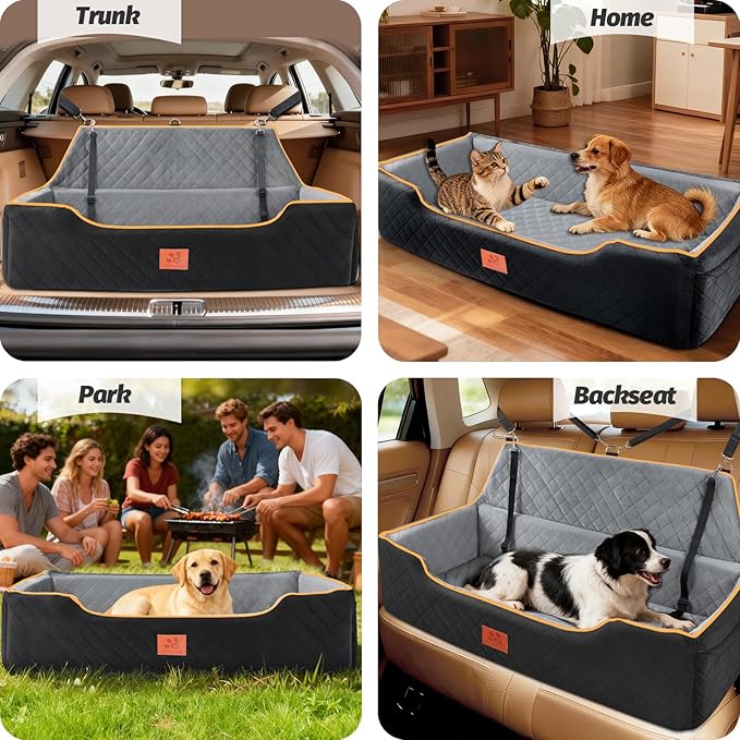 XIEEAOZEE Large Dog Car Seat, Memory Foam Dog Car Bed for Backseat & Trunk, Washable Pet Booster Seat Under 100 lbs or 2 Medium Dogs, Pet Travel Seat with Storage Pockets,2 Safety Belts