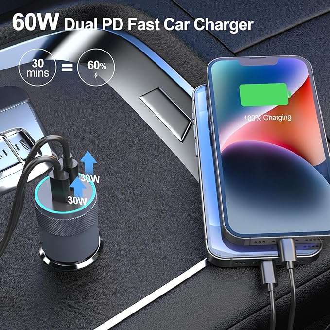 5 Pack USB C Car Charger Adapter, Aymla 60W Dual PD 3.0 Auto Cigarette Lighter Car Plug 2 Ports Type-C Fast Charging for iPhone 17/16 Pro Max/15 Plus, Samsung Galaxy S26/S25, Google Pixel 10, iPad