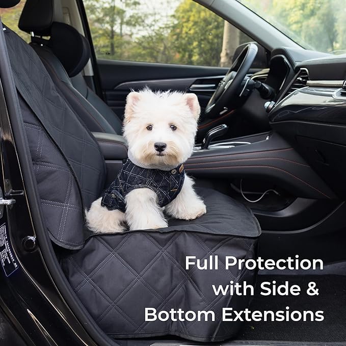 Dog Front Seat Cover for Car, Waterproof 600D Oxford Cloth Pet Seat Protector with Side Flaps, Durable Dog Car Seat Cover Front Passenger for Bucket Seat/Captain Chair, Full Protection (Black)