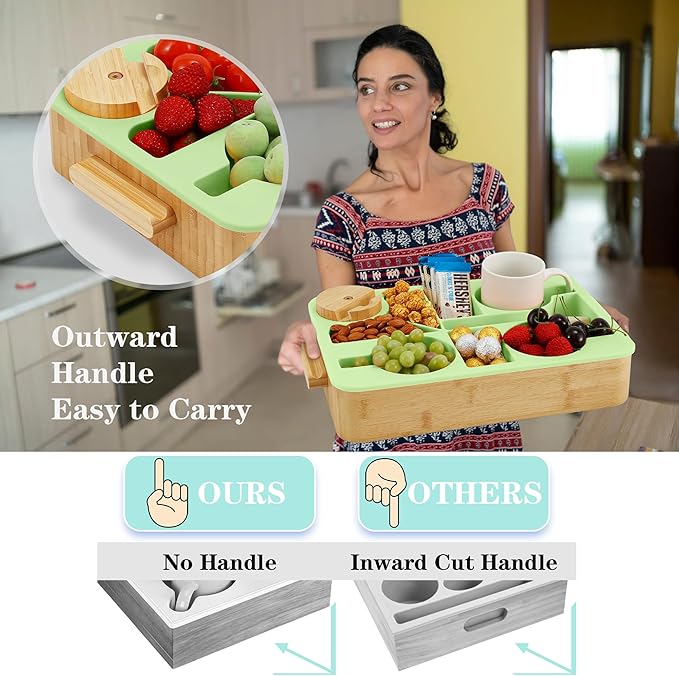Nnewvante Divided Cup Holder Tray, 8 in 1 Serving Tray with Handle for Sofa Bed RV Car Organizer Caddy Movie Night Snack Trays, Bamboo and BPA Free Silicone, Green