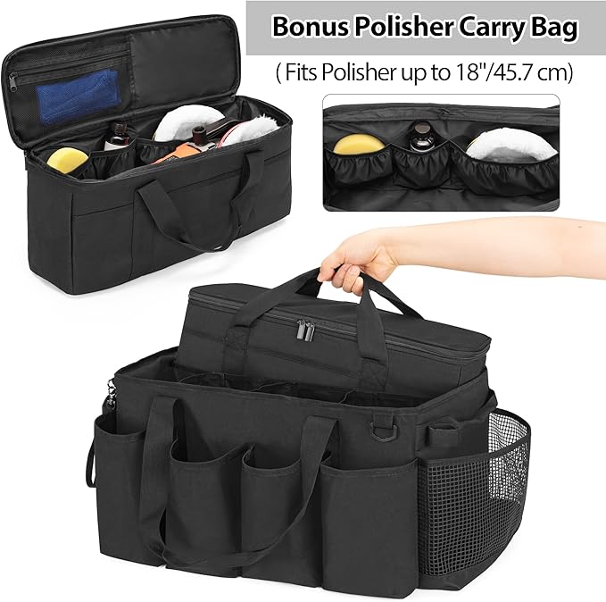 HODRANT Detailing Bag with Polisher Carry Bag, Large Detail Car Care Box for Auto Detailing Supplies, Car Wash Caddy & Trunk Organizer for Buffer Bottle Towel & Cleaning Kit, Black, Patent Design