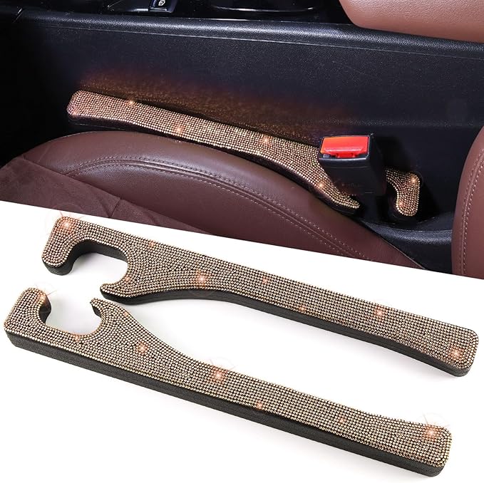 Briwill Gold Bling Seat Gap Filler, 2 Pack Handmade Crystal Rhinestone Diamond Bling Beige Car Gap Filler fit for SUV Truck Champagne Car Accessories for Women(Champagne)