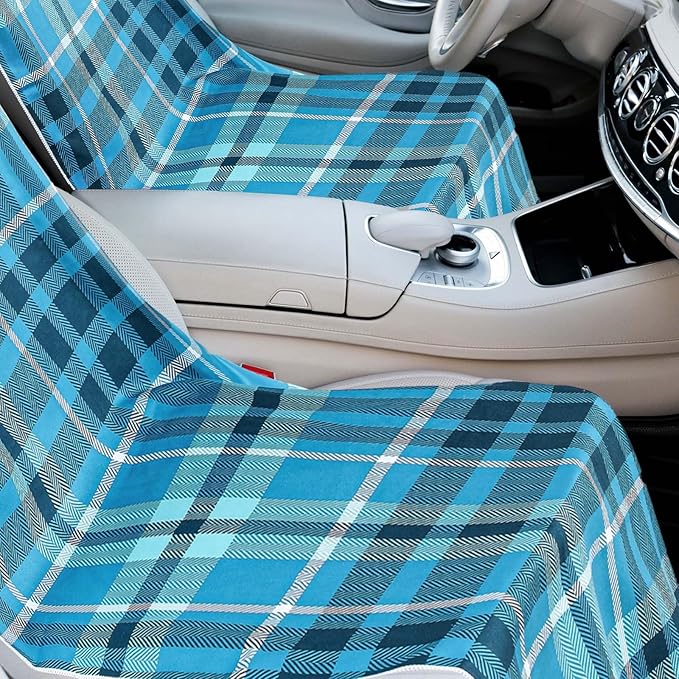 Hahafelt 2 Pack Car Seat Towel Covers with Storage Bag 63 x 32 Inch Athletic Running Towel Seat Sweat Washable Non Slip Cover Gift for Car Outdoor Sport Activities (Blue Plaid)