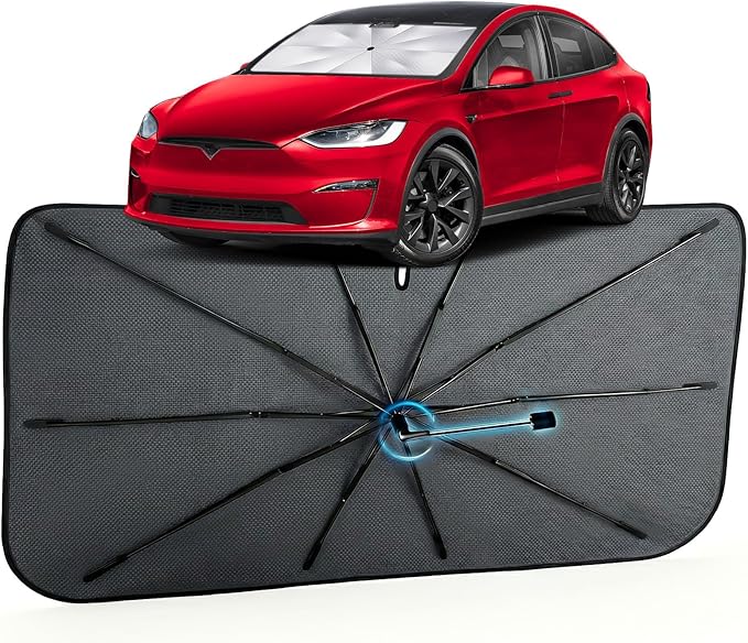 Car Windshield Sun Shade for Tesla Model X 2016-2026 –[Reflective Coated Fabric] Sunshade Umbrella for Front Window, Car Shades Sun Visor Keep Car Cool and Protects Interior, 1:1 Exact Fit