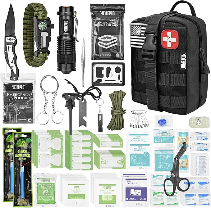 242 Piece First Aid & Survival Kit – Molle Pouch IFAK, 1000D Nylon, Color-Coded Compartments, Medical Kit for Camping, Boat, Hunting, Hiking, Home, Car/Home/Earthquake Emergency (Black)