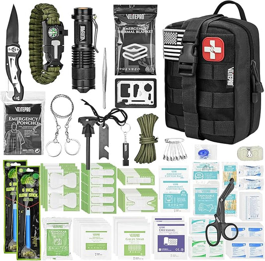 242 Piece First Aid & Survival Kit – Molle Pouch IFAK, 1000D Nylon, Color-Coded Compartments, Medical Kit for Camping, Boat, Hunting, Hiking, Home, Car/Home/Earthquake Emergency (Black)