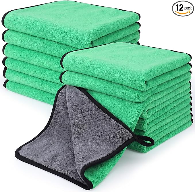 Tallew 12 Pcs Microfiber Towels for Cars, 800 GSM Plush Drying Cleaning Cloth Bulk, 16 x 16 Inch Thick Absorbent Wash Detailing Towels for Car Polishing, House, Kitchen Cleaning(Green)