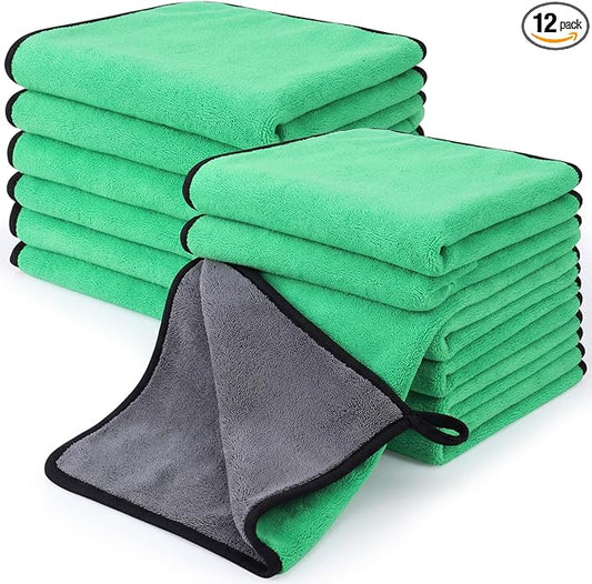 Tallew 12 Pcs Microfiber Towels for Cars, 800 GSM Plush Drying Cleaning Cloth Bulk, 16 x 16 Inch Thick Absorbent Wash Detailing Towels for Car Polishing, House, Kitchen Cleaning(Green)