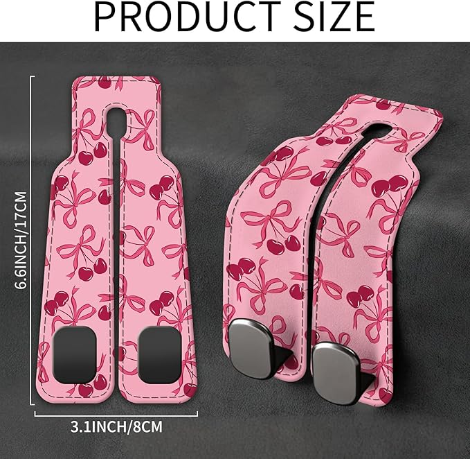 Car Seat Back Storage Headrest Hook, Premium Leather Double Metal Hook, Hanger Storage Organizer for Purse Cloth Bag, Car Interior Accessories Pink Bow Cherry