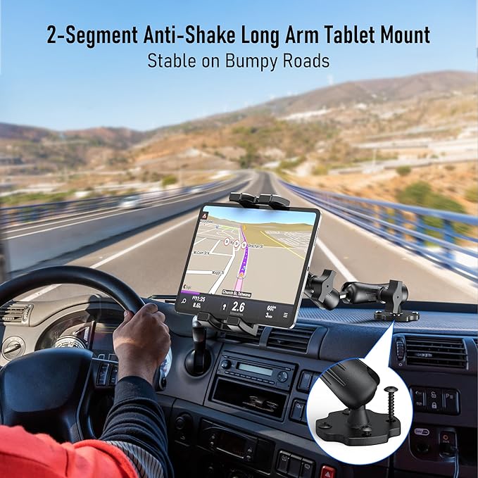 Aluminum Heavy Duty Tablet Mount Car Holder Dashboard for Truck/Vehicle/Desk/Wall, 360° Adjustable Dual Arm iPad Stand Holder Mount for 4.7"-12.9" iPad Pro/Air/Mini/Samsung Galaxy Tab