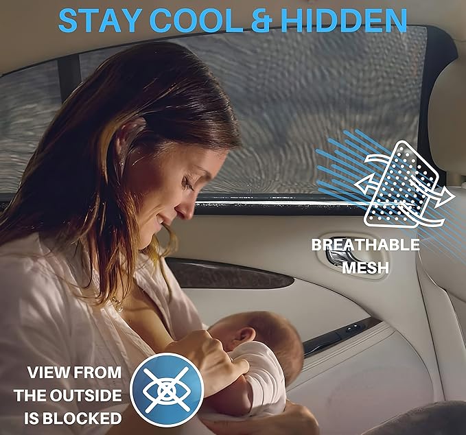 M/Car Window Sun Shades for Baby (9 Sizes) - Back Seat Stretchy Mesh Sock Style Heat Blockers for Side Windows, Protects from Sun, Bugs, UV & Ensures Privacy, 2-Pack by Qualizzi